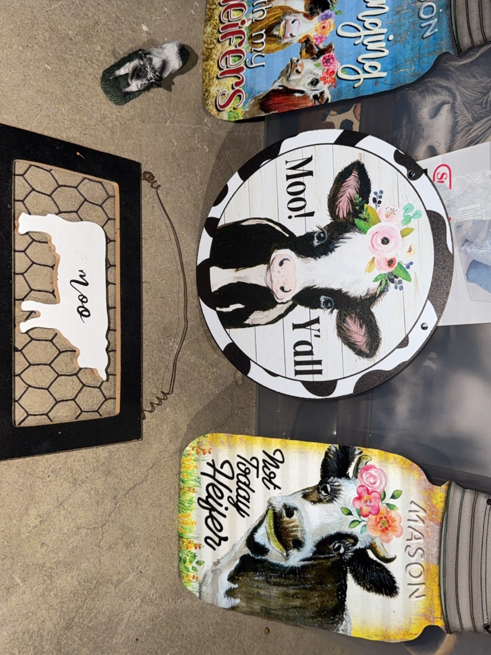 Moo! Y'all Round Cow Sign with Floral Crown - White & Black
